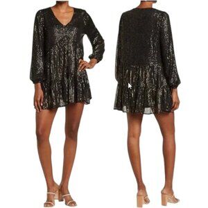 Melloday Black Gold Sequin Tiered Mini Dress Babydoll Tunic Top Party Size L